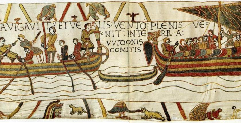 En route from France to England: a detail from the Bayeux Tapestry (Wikimedia Commons)