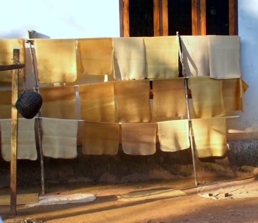 Latex sheets drying outside a cottage