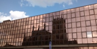Hull Minster, reflected in a nearby office building.